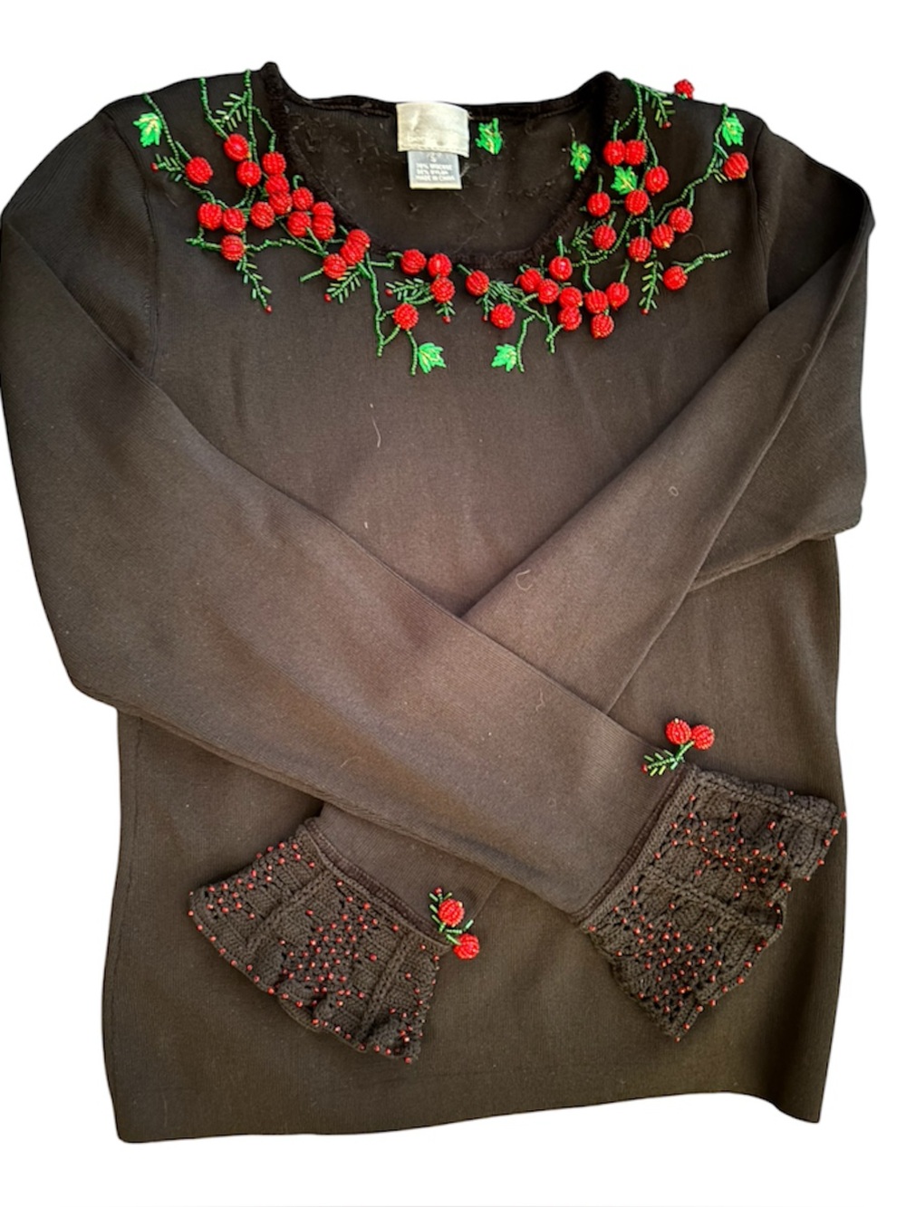🍒 berek Vintage Black Sweater with Red & Green Beaded Berries